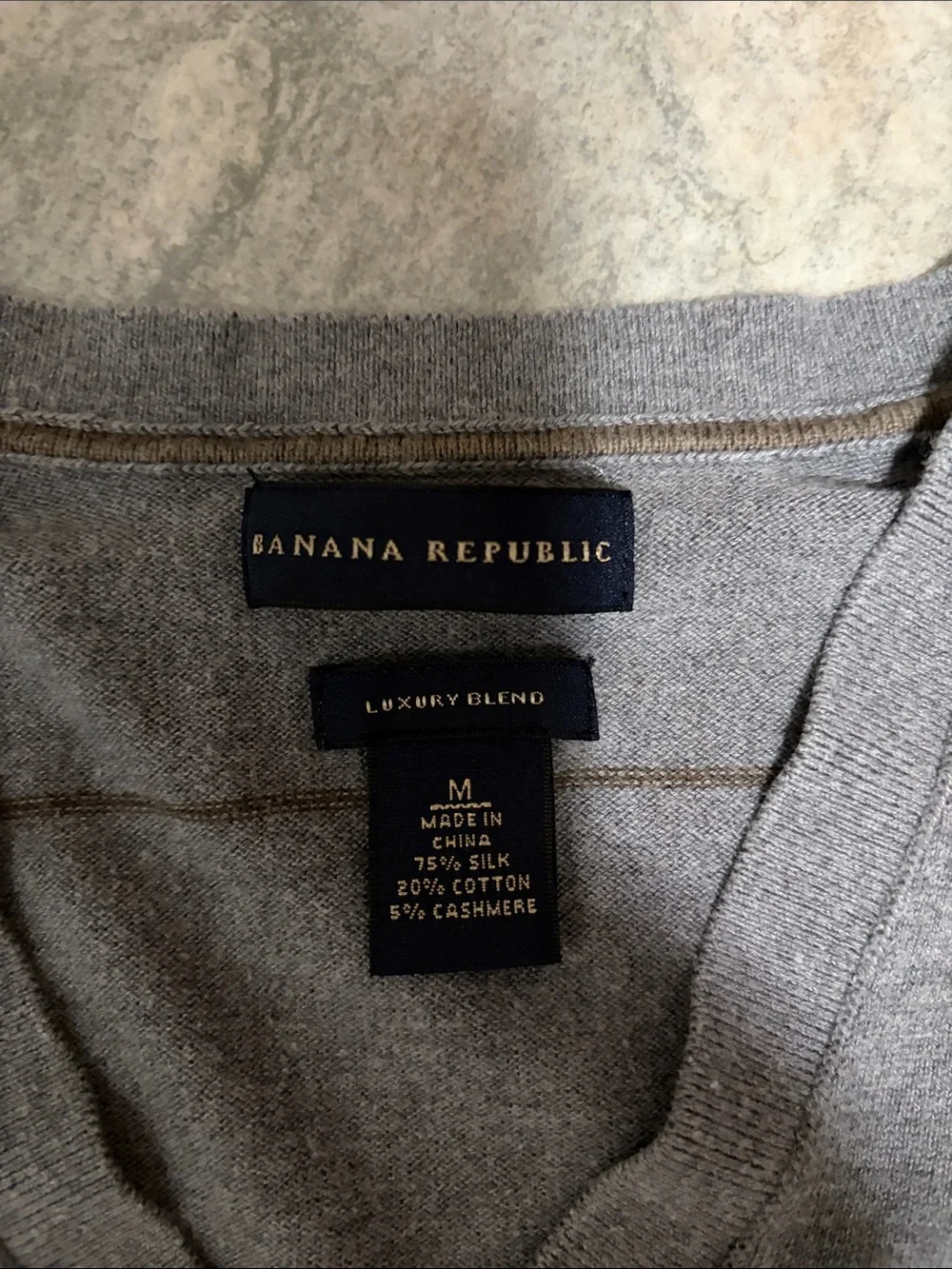 Banana Republic Men's Gray V-Neck Sweater with Thin Contrast Stripes